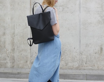 Vegan leather backpack - Black minimal style backpack - Faux leather backpack