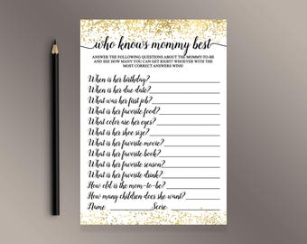 Who knows mommy best, Baby Shower Games, Gold Confetti Baby Shower ideas, Funny Shower activity, Know the mom-to-be game, Activities