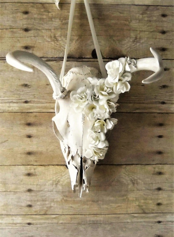Real Deer skull wall hanging white roses shabby rustic chic
