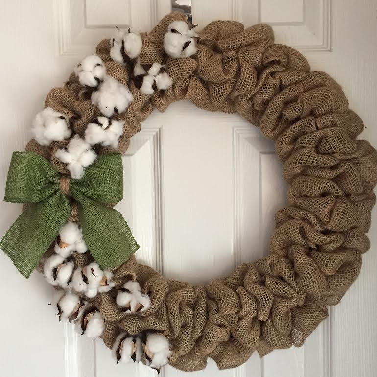 Burlap Cotton Wreath - Cotton Farmhouse Wreath - Cotton Boll Wreath - Rustic Cotton Wreath - Everyday Rustic Wreath - Wedding Wreath