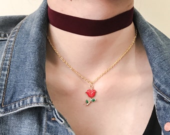 Belle Rose Necklace, Enchanted Rose Pendant Set, Beauty Rose Flower Charm Necklace, Delicate Rose Necklace, Dainty Beauty Rose Gold Chain