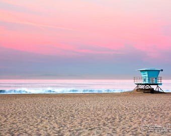 Huntington Beach Wall Art | "Lifeguard Stand #14" at Sunrise | California Beach Photography | Ocean - Beach - Pink - Sunset - Ikea Ribba