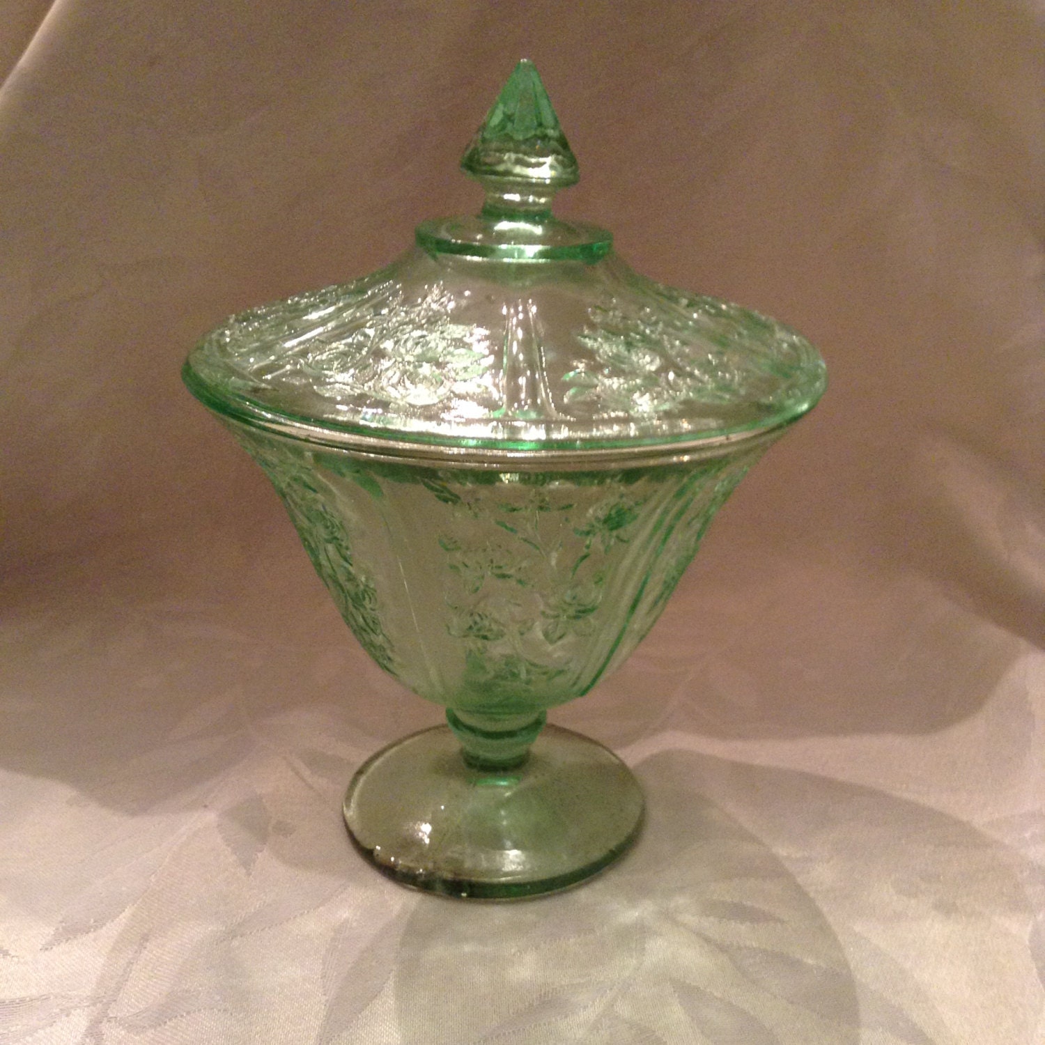 Federal Cabbage Rose Sharon Green Depression Glass Candy Dish
