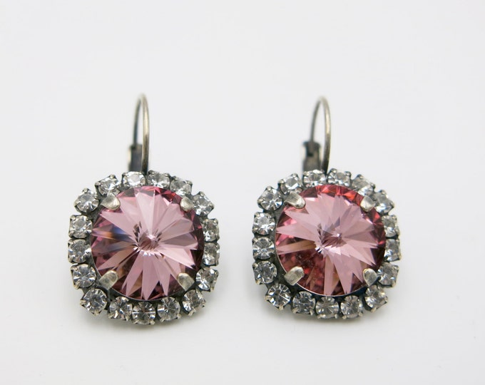 Valentine's blush pink romantic Swarovski crystal dangle drop lever back earrings. Blush pink crystal earring jewelry