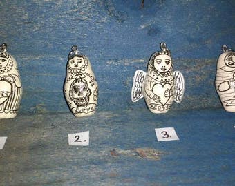 polymer clay .hand.henna .tattoo. Matryoskha. pendant .charm..Halloween. love gift.From Artist.fair trade.