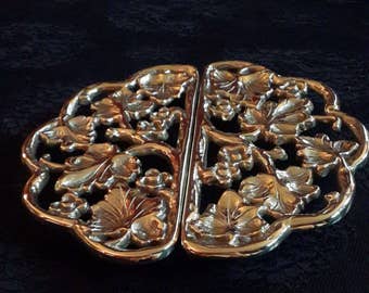 Brass Trivet Set Vintage Harvin Brass Gold tone Ornate