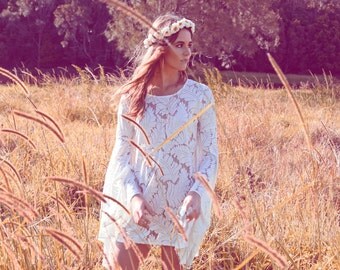 Bohemian Bridesmaid Dress | Boho Bridesmaid Dress | White Bridesmaid Dress | Hippie Bridesmaids Dress | White Lace with Bell Sleeves
