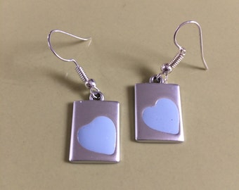 CLEARANCE - SALE // Powder Blue Heart Dangling Earrings // Silver and Powder Blue // 925 Sterling Silver Ear Wires