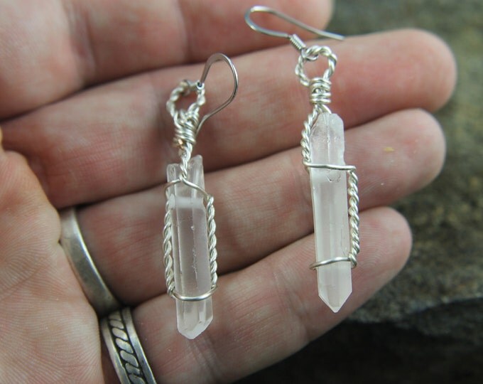 Quartz Crystal Tip Earrings with Silver Wire Wrap Stainless Steel French Hook, Skinny Dangle Earrings, Crystal Jewelry, Gift for Her