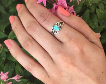 Turquoise Ring-Sterling Silver Turquoise Ring-Turquoise Scroll Ring-Silver Ring with Lab created Turquoise Stone-Dainty Turquoise Ring