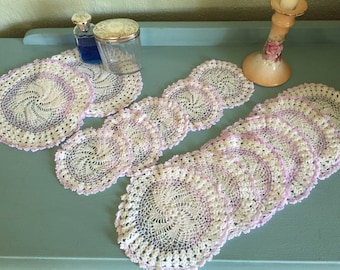 Vintage crocheted doilies lilac and white 1950s coasters