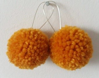 Mustard Pom Pom Earrings - Statement Earrings - Rainbow Ear Wear - Pompom Earring - Abstract Style - Dangle Earring - Festival Accessories