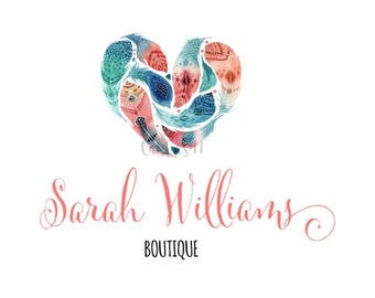 Premade Logo Rustic Boho Feather Peach Heart Watercolor Handmade Branding Business Shower Signs Etsy Shop Sign Banner Business Card PL142