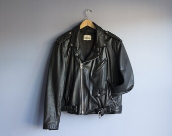 Vintage Leather Motorcycle Jacket | Mens "The Leather Warehouse" Biker Jacket | Real Leather Mens size 46 Medium Jacket