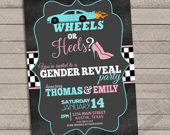 Wheels or Heels Gender Reveal Invitations, baby shower, digital file, you print, race car, monster truck