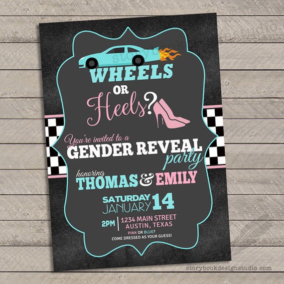 Wheels or Heels Gender Reveal Invitations baby shower