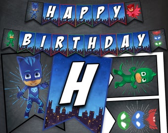 PJ Masks Banner, PJ Masks Birthday Banner, Pj Masks Party, Pj Masks Decorations, Pj Masks Printables, Favors, Banner Flags, Digital, DIY