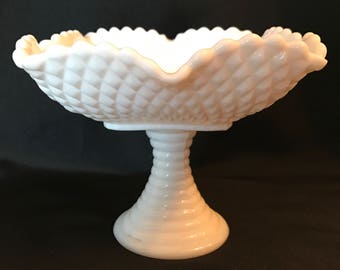 Scalloped Ruffled Square Diamond Pattern Milk Glass Dish with Ribbed Pedestal