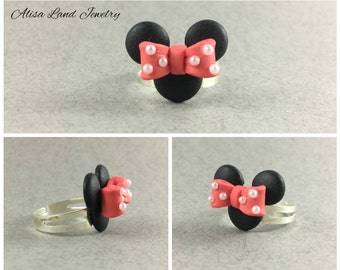 Minnie mouse ring, Cartoon ring, Polymer clay jewelry, Black pink ring, Polymer clay ring, Gift for her, Girls small ring, Birthday present