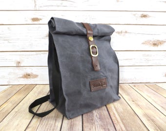 Waxed Canvas Lunch Bag With Shoulder Strap in Gray - Waxed Canvas Lunch Tote - Waxed Canvas Bag