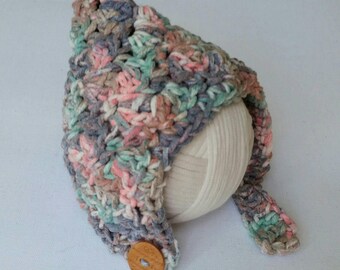 Crochet newborn pixie bonnet, multicolored hat, Photo Prop, Girl bonnet with button.