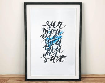 PRINTABLE wall art Days of the Week hand lettered poster with touch of blue