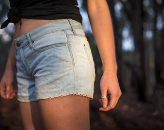 Pale Blue Denim shorts with lace trim