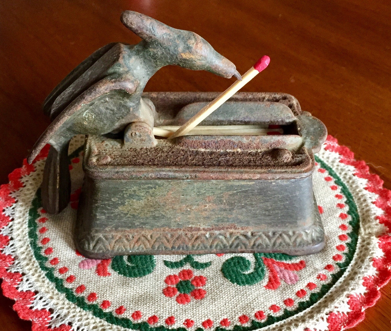 Antique Cast Iron Mechanical Bird Match Holder / Matchstick