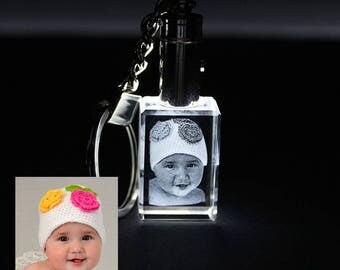 Porte-clés, keychaine, keyring avec photo, nom, horoscope,logo en cristal de Lumiere bleu. Un souvenir/ cadeau toute événement