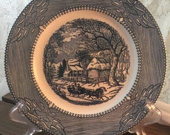Mount Clemens Currier and Ives Winter Scene China Underglaze Ironstone Made In Usa Dinner Plate