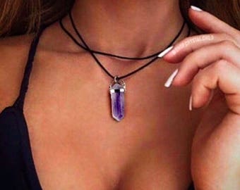 crystal necklace, choker necklace, crystal choker, amethyst crystal choker, turquoise stone necklace, black agate necklace, choker