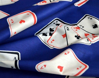 Poker Playing Cards Fabric, cotton fabric by the yard, sewing fabric, Sateen navy blue white Gambling fabric, Texas Hold 'em