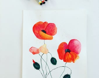 Original Watercolor Painting on Paper, Red Poppy Flowers Wall Art, Watercolor Poppies Painting, Poppies Watercolor, Poppy Gifts, Poppy Decor