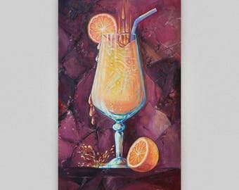 Oil painting original Still life Modern Art Kitchen Wall Decor Cocktail painting Orange fresh Glass Orange juice Tutti-frutti Original work
