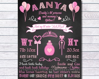 Newborn Chalkboard Sign Girl, Girl Baby Shower Decoration, Chalkboard Baby Shower Sign, Pink, Baby Stats Wall Art, princess, magic wand