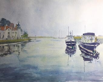 aquarelle : le port de Sauzon en Bretagne, France. watercolour of the Port of Sauzon in Bretagne in France