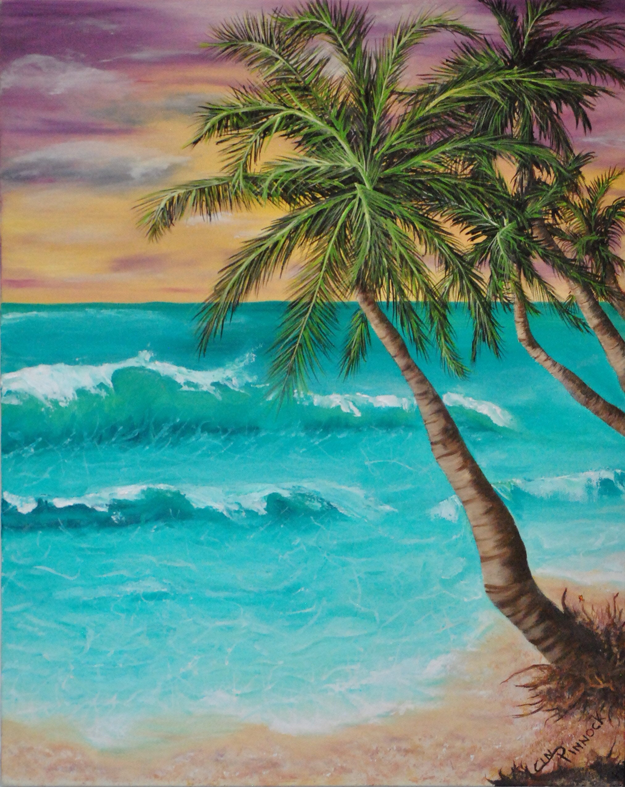 Ocean beach painting/palm tree/sunset beach art/original