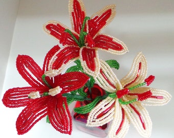 Three French Beaded Deluxe Lilies In Red & Champagne