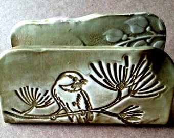 Ceramic Kitchen Sponge Holder Business Card Holder Sage green Bird Organic Shape