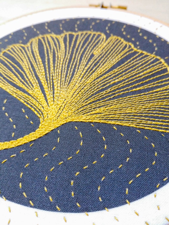 Download GINKGO - pdf embroidery pattern, embroidery hoop art, ginkgo biloba leaf, golden leaf on black ...