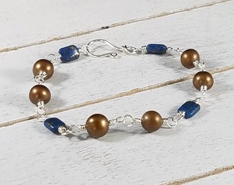 Pearl and Lapis Sterling Silver Wire Wrap Bracelet / Handmade Bracelet / Lapis Bracelet / Pearl Bracelet / Sterling Silver Bracelet