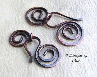 Handmade Metalwork Clasp Sets (16 gauge) Antiqued Copper Swirl Hook & Connector (2 Sizes) Jewelry Making Rustic Component