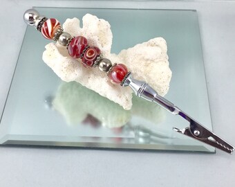 Lampwork bracelet buddy, bracelet helper, bracelet assistant, alligator clip, roach clip, bracelet tool, jewelry helper, red white glass