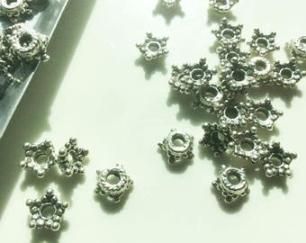 Sale - Antique Silver Pewter Star Caps, 6MM, PK48