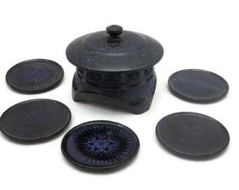 Lacquer Coaster Set - Painted Lacquer Box, Etched Black Lacquerware