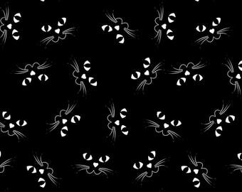 Cats Faces Black White Glow in the Dark Blank Quilting Fabric 1 yard