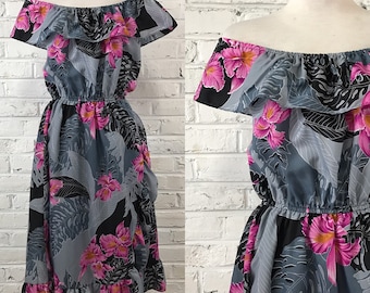 Vintage 1970s Hot Pink and Grey Tropical Floral dress, size XL