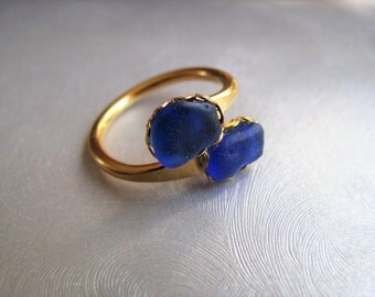 Double Ring - Beach Glass Ring - Sea Glass - Beach Glass Jewelry - Ocean Jewelry Cobalt Blue Ring - Sea Glass Gift - Authentic Sea Glass