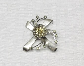 1940s Vintage Silver Tone Retro Style Brooch or Pendant with Rhinestones