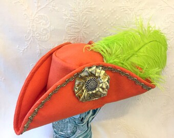 Beatles Hat SGT Pepper's Inspired Harrison Style Tricorn Pirate Orange Felt Gold Trim w/ Green Feather 60's ~ by Shannon Dockery Bakos